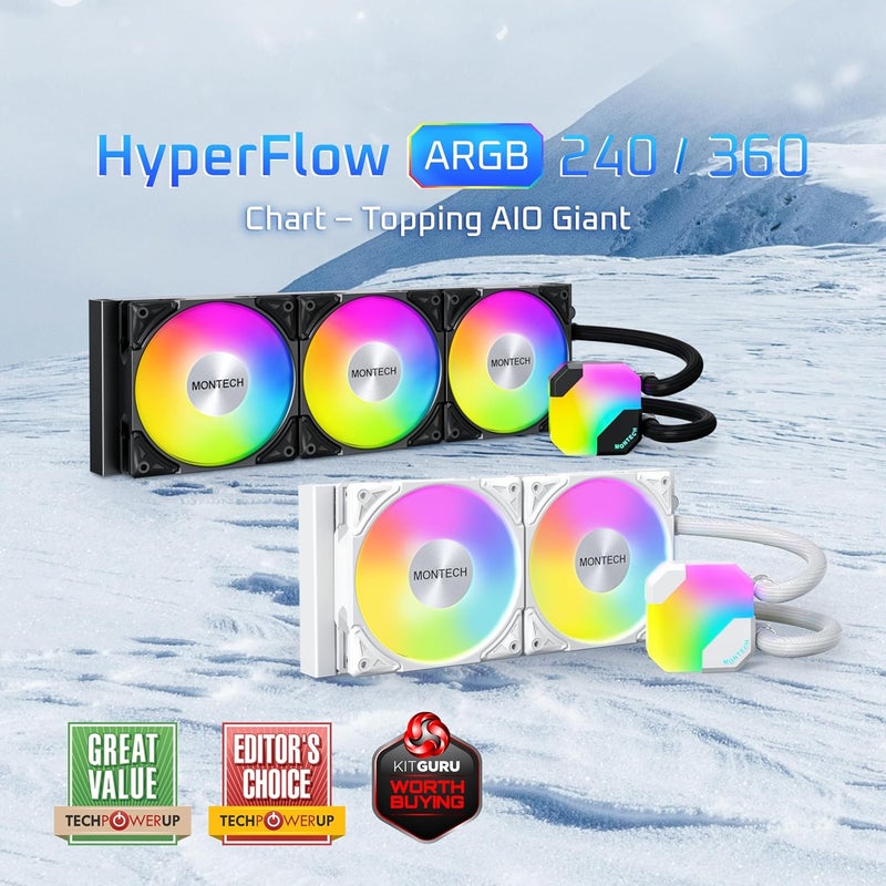MONTECH HyperFlow ARGB 360 - AIO CPU Liquid Cooler, Intel&AMD Compatible, Chart-Topping Performance, Enhanced 3100RPM Water Pump Design, 3X Metal Pro 12 ARGB Ultimate Cooling Fans - Black - Image 2
